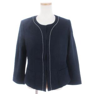 Leilian 美品 セットアップ ノーカラージャケット ブレザー スカート ひざ丈 タイト 紺 ネイビー 無地 11 M相当