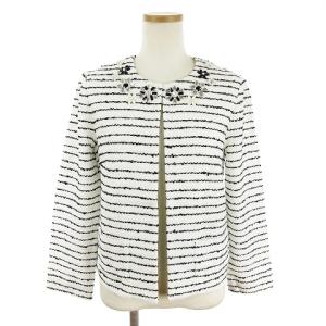 Leilian 美品 セットアップ ビジュー付きジャケット ブレザー スカート ひざ丈 タイト ボーダー 装飾 白 黒 ホワイト ブラック