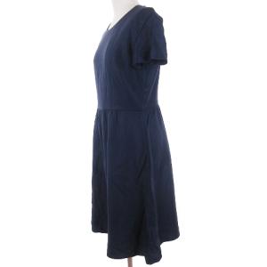 Leilian ワンピース 半袖 ひざ丈 バックジップ 裏地 無地 紺 ネイビー 9 M位