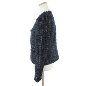 Leilian 美品 セットアップ ツイードジャケット ノーカラー ジップアップ スカート 台形 ひざ丈 ウール 無地 紺 ネイビー 9 M相当