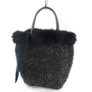 美品 ワイヤーバッグ ハンド ファー付き リボン 黒 ブラック 鞄
