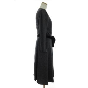 Leilian 美品 ワンピース 長袖 ひざ丈 フレア Vネック 腰紐付き グレー 11 L位