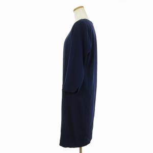 Leilian 美品 ワンピース ひざ丈 長袖 ノーカラー 無地 ネイビー 紺 11 L位
