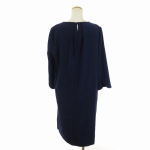 Leilian 美品 ワンピース ひざ丈 長袖 ノーカラー 無地 ネイビー 紺 11 L位