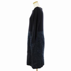 Leilian ワンピース 長袖 ひざ丈 ツイード ニット 切替 ウール ネイビー 紺 11 L位
