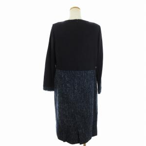 Leilian ワンピース 長袖 ひざ丈 ツイード ニット 切替 ウール ネイビー 紺 11 L位
