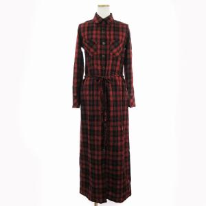 タグ付き チェックシャツ ロング ワンピース マキシ丈 長袖 ベルト付き 赤 黒 レッド ブラック 36