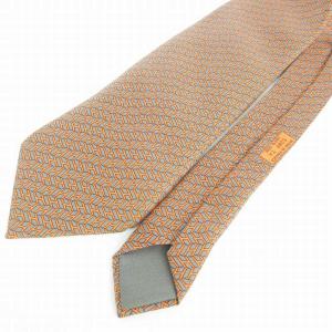 HERMES ネクタイ ワイドタイ Hロゴ 総柄 シルク オレンジ グレー AA