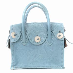 カービングバッグ ハンド 花柄 レザー 水色 鞄 ECH
