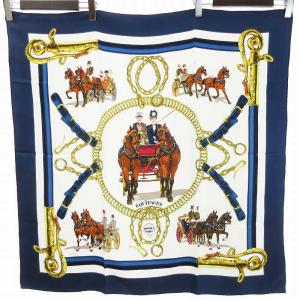 カレ90 EQUIPAGES スカーフ 馬車 大判 ホワイト ネイビー系