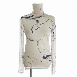  美品 20SS 墨流しマーブルプリントメッシュカットソー 長袖 ハイネック シアー 総柄 ベージュ 2