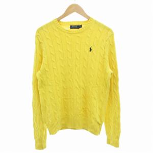 ケーブル編みニット セーター 長袖 クルーネック ロゴ刺繍 S 黄 イエロー