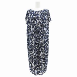 ワンピース ひざ丈 フレンチスリーブ 大きいサイズ 総柄 48 XL 青 ブルー 白 ホワイト