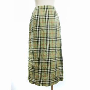 BURBERRY LONDON スカート ひざ丈 ラップ風 リネン チェック 緑系 カーキ系 40 GY09