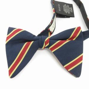 GUCCI 美品 蝶ネクタイ ストライプ シルク混 紺 ネイビー 小物 AA