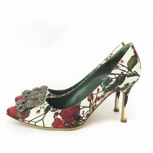 MANOLO BLAHNIK パンプス ピンヒール ビジュー 総柄 花柄 フラワー 白 ホワイト 37.5 靴