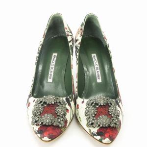 MANOLO BLAHNIK パンプス ピンヒール ビジュー 総柄 花柄 フラワー 白 ホワイト 37.5 靴