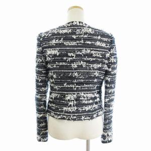 Harrods 美品 ツイードジャケット ブレザー ノーカラー フックボタン ブローチ付き 紺 ネイビー 2