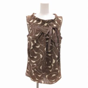 ノースリーブ カットソー ブラウス リボン 総柄 茶 ブラウン GY19