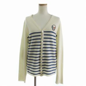 ニットカーディガン 長袖 Vネック カシミヤ ボーダー ドクロ スカル 刺繍 アイボリー系 M GY19
