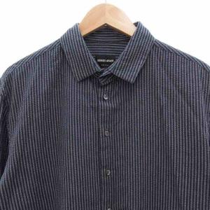 GIORGIO ARMANI 美品 シャツ カジュアル 長袖 ヘリンボーン 総柄 クレープ生地 43 M 紺 ネイビー