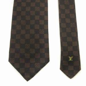 LOUIS VUITTON 美品 ダミエ エベヌ ネクタイ ワイドタイ シルク 総柄 茶 ブラウン 小物 AA
