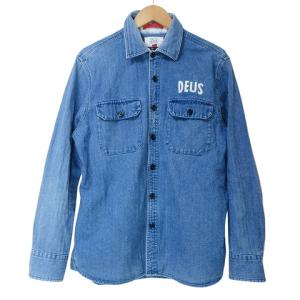 デニムシャツ 長袖 ヘリンボーン バックプリント マチ付き M インディゴ 青 ブルー X