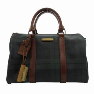 ミニボストンバッグ ハンド 手提げ チェック ブラックウォッチ PVC×レザー ブラシ 緑 グリーン 茶 ブラウン AA