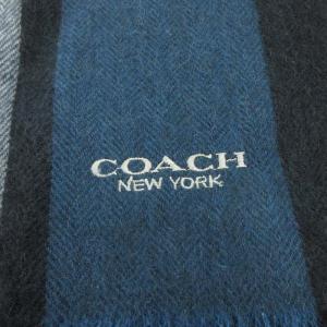COACH マフラー フリンジ カシミヤ混 ストライプ ロゴ 刺繍 紺 ネイビー 小物