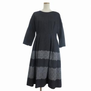 ワンピース 長袖 ひざ丈 フラワー刺繍 グレー11 L位