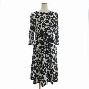 ワンピース 長袖 ひざ丈 花柄 総柄 白 ホワイト 黒 ブラック 11 L位
