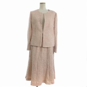 セットアップ ノーカラージャケット スカート ひざ丈 ツイード ウール ピンク 11 L位