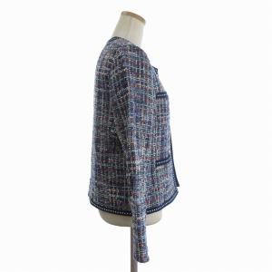 Leilian ノーカラージャケット ツイード 長袖 青系 ブルー 11 L位