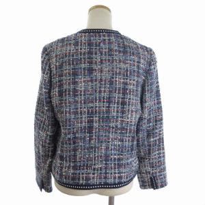 Leilian ノーカラージャケット ツイード 長袖 青系 ブルー 11 L位