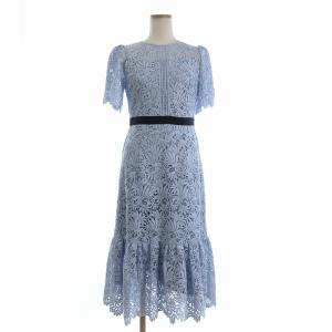 ワンピース ひざ丈 半袖 レース 総柄 青 ブルー 36 M位