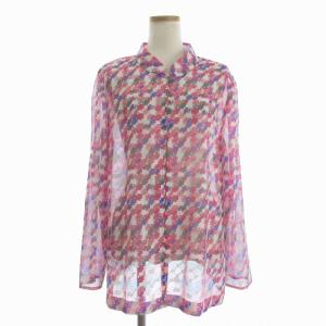 シャツ ブラウス 長袖 薄手 総柄 麻混 ピンク 13 XL位
