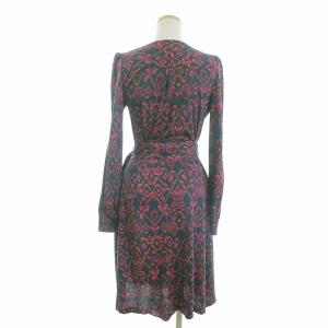 DIANE von FURSTENBERG ラップワンピース 巻き カシュクール シルク 総柄 ひざ丈 長袖 パフスリーブ 6 日本サイズL相当 紺 紫 GY19 X