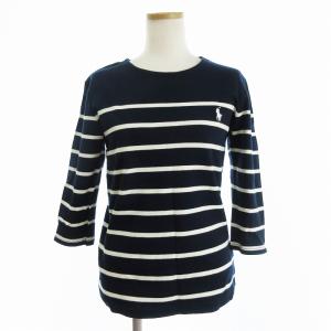美品 Tシャツ カットソー 七分袖 コットン ロゴ刺繍 ボーダー 白 紺 ホワイト ネイビー GY99