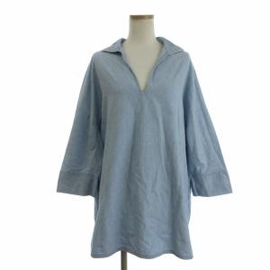タグ付き デニムシャツ 長袖 プルオーバー スキッパー 無地 コットン 青 ブルー S
