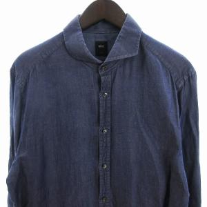 HUGO BOSS シャツ 長袖 リネン 無地 青 ブルー 44