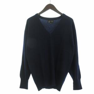美品 ヴィンテージ ニット セーター 長袖 Vネック カシミヤ ロゴ 刺繍 紺 ネイビー 40 GY99