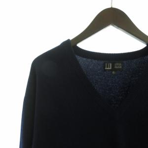 dunhill 美品 ヴィンテージ ニット セーター 長袖 Vネック カシミヤ ロゴ 刺繍 紺 ネイビー 40 GY99