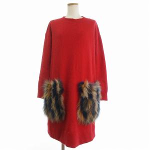 ニット ワンピース ひざ丈 長袖 フォックスファー アンゴラ混 36 赤 レッド