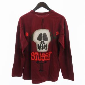 STUSSY Tシャツ カットソー 長袖 スカル プリント 赤 レッド M
