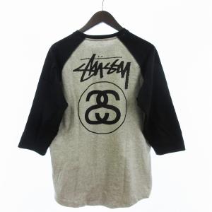 STUSSY Tシャツ カットソー 七分袖 ラグランスリーブ バックプリント 黒 グレー M