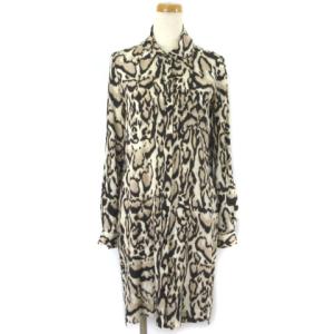 シャツワンピース ひざ丈 シルク レオパード 長袖 ロールアップ 0 ブラウン