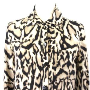 DIANE von FURSTENBERG シャツワンピース ひざ丈 シルク レオパード 長袖 ロールアップ 0 ブラウン