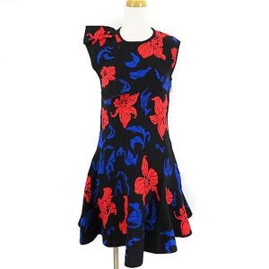 ニット ワンピース ノースリーブ ひざ丈 花柄 黒 S 