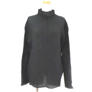 ハイネックプリーツドロップショルダーカットソー M ブラック