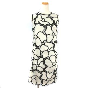 ワンピース ひざ丈 カットワーク ノースリーブ 36 アイボリー ブラック